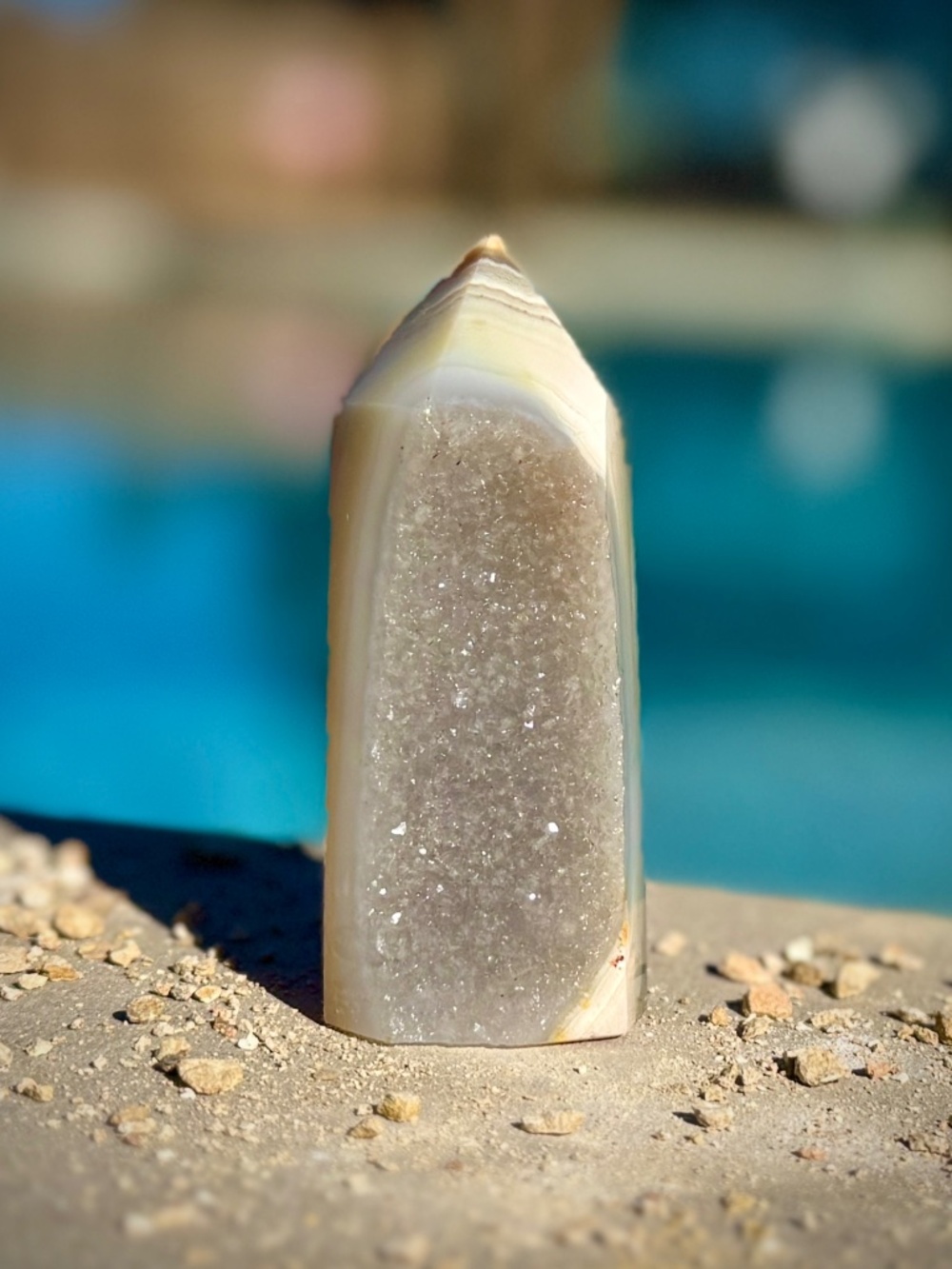 Brazilian Druzy Dove Grey Banded Agate Crystal Tower/Blue Sparkly Crystal